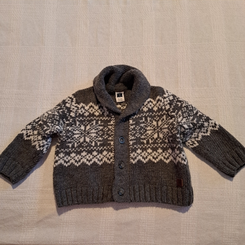 Janie and Jack boys 6-12 months cardigan sweater, gray and white,